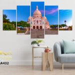 Empty living room with blue sofa, plants and table on empty white wall background. 3D rendering