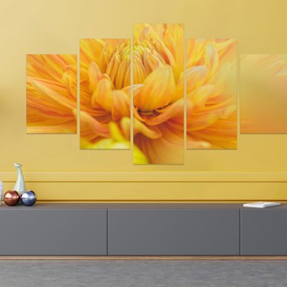 TV on cabinet in modern living room with lamp,table,flower and plant on yellow wall background,3d rendering